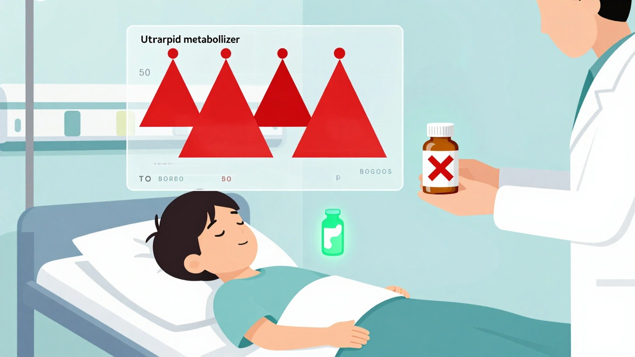 Hospital scene with a child and gene chart showing dangerous codeine metabolism, safer drugs in green.
