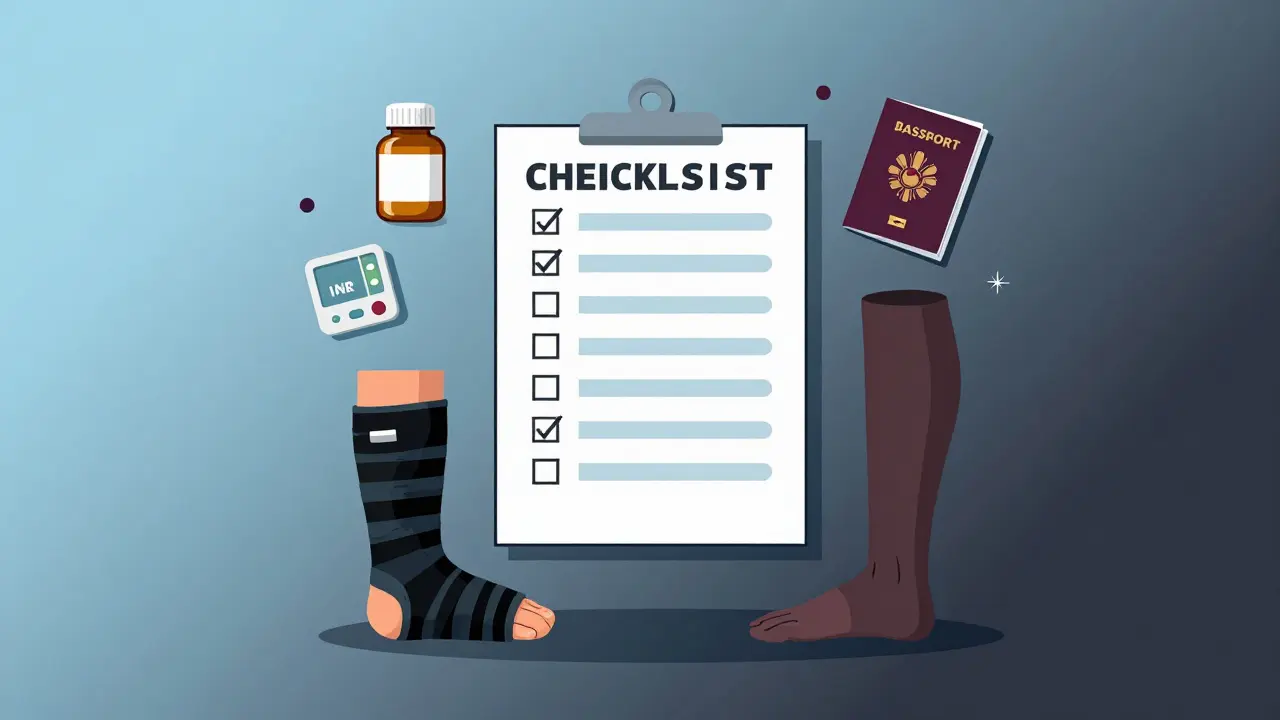 Medical travel essentials arranged in symmetrical Bauhaus-style shapes against a soft blue and gray background.