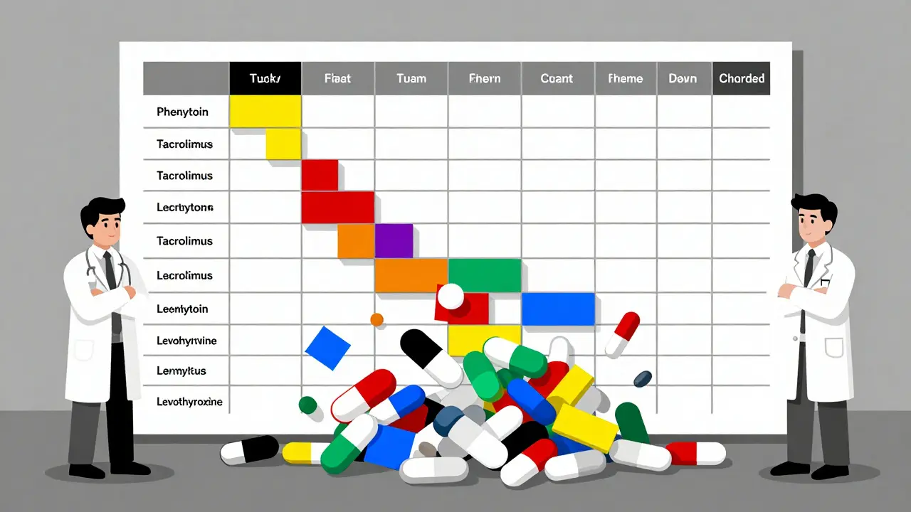 Medication chart as a collapsing mosaic of colored blocks representing high-risk drugs, with doctors and pharmacists ignoring the chaos.