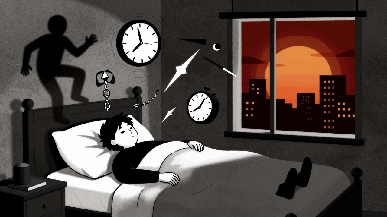 Nighttime hallucinations and sleep paralysis depicted as floating geometric forms.