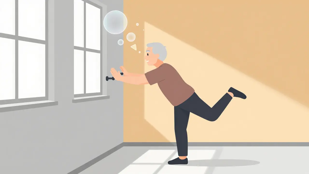 Older adult balancing on one foot as sedating pills dissolve into abstract shapes.