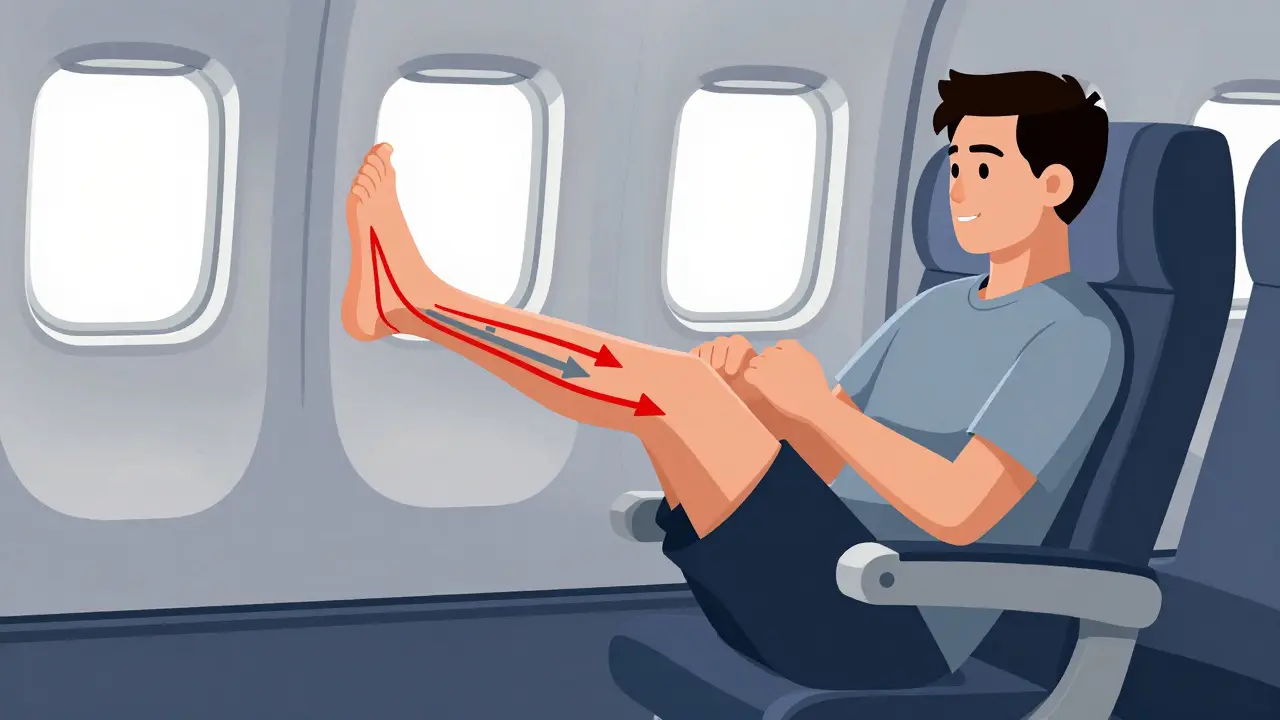Passenger performing leg exercises on a flight with abstract arrows showing blood flow in a clean, stylized interior.