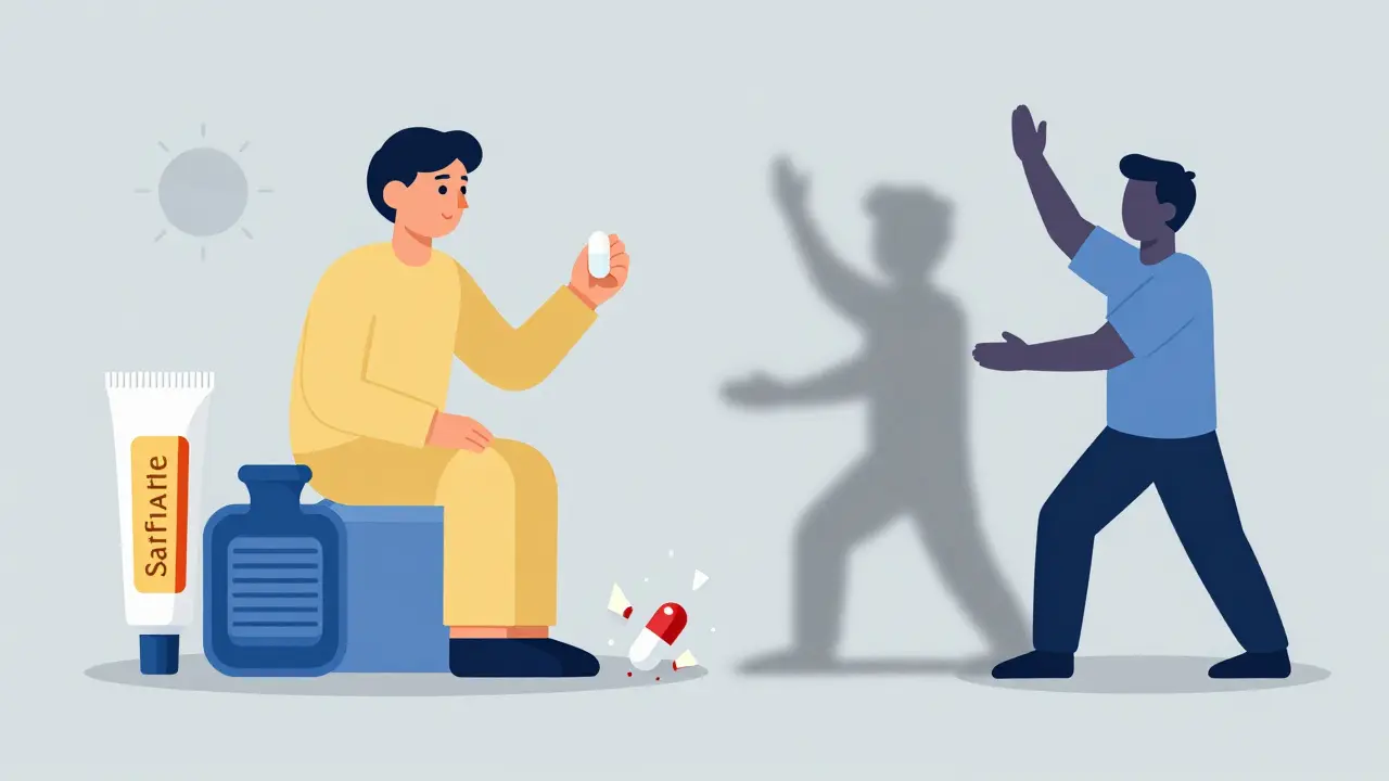 Patient holding safe acetaminophen as NSAID crumbles, surrounded by non-drug pain relief alternatives.