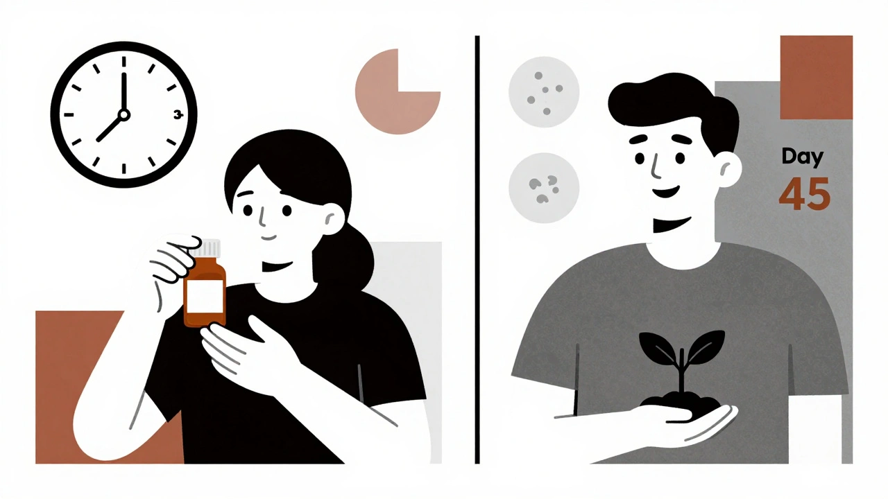 Person before and after SSRI adaptation with fading symptoms in clean Bauhaus illustration.