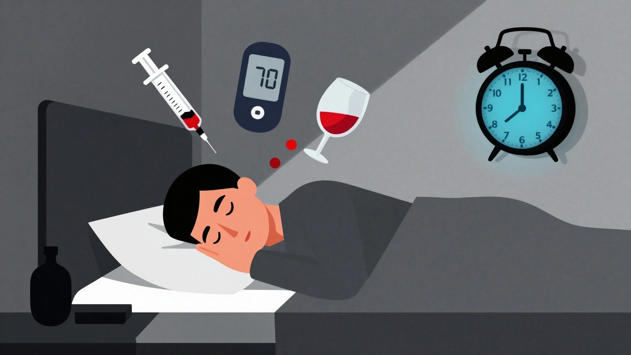 Person sleeping at night with medical icons floating around, glucose meter showing danger level, wine glass tipping over.