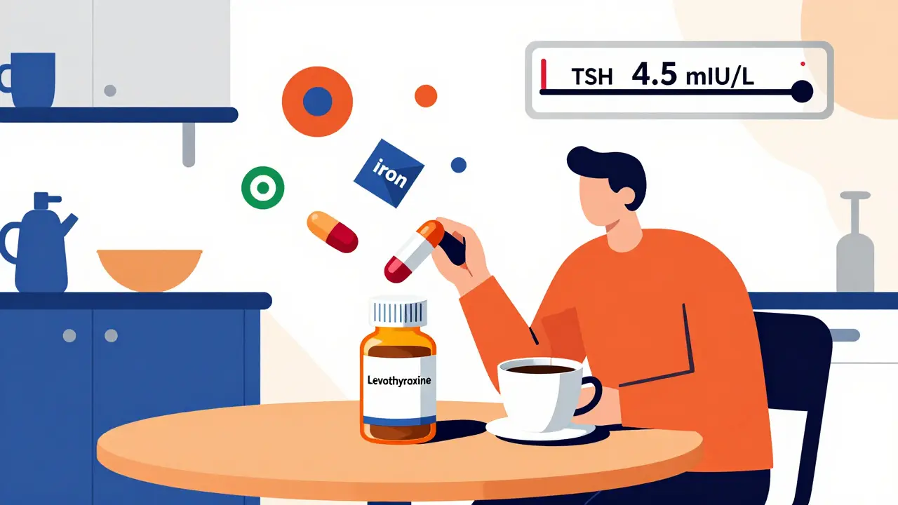 Person with pill and coffee, abstract supplements casting shadows over medication.