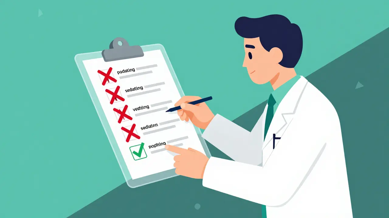 Pharmacist and doctor reviewing medication list with red X's and green checkmarks over exercise icons.