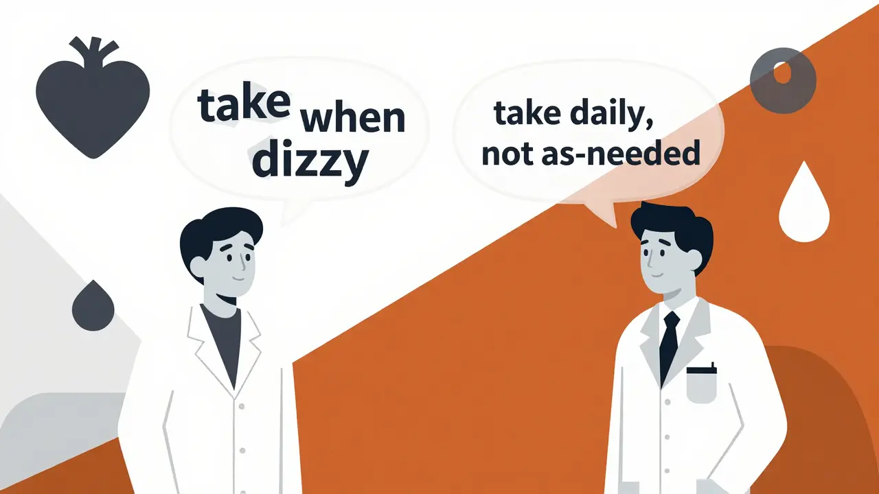 Pharmacist and patient connected by a teach-back thought bubble with geometric text in Bauhaus style.