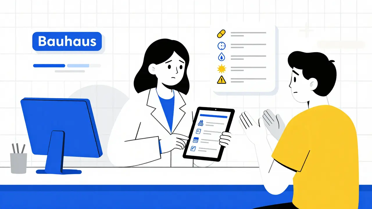 Pharmacy counter with digital checklist icons and patient interaction in minimalist Bauhaus design.