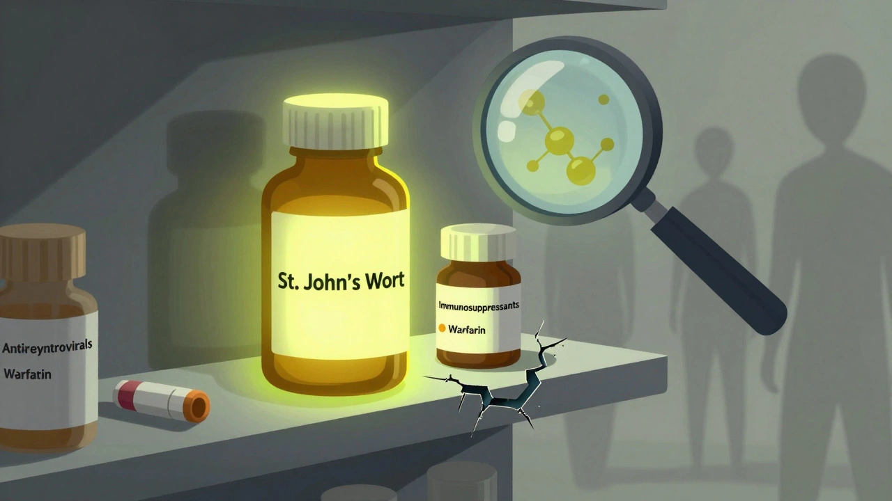 Pharmacy shelf with glowing St. John’s Wort causing prescription bottles to fade