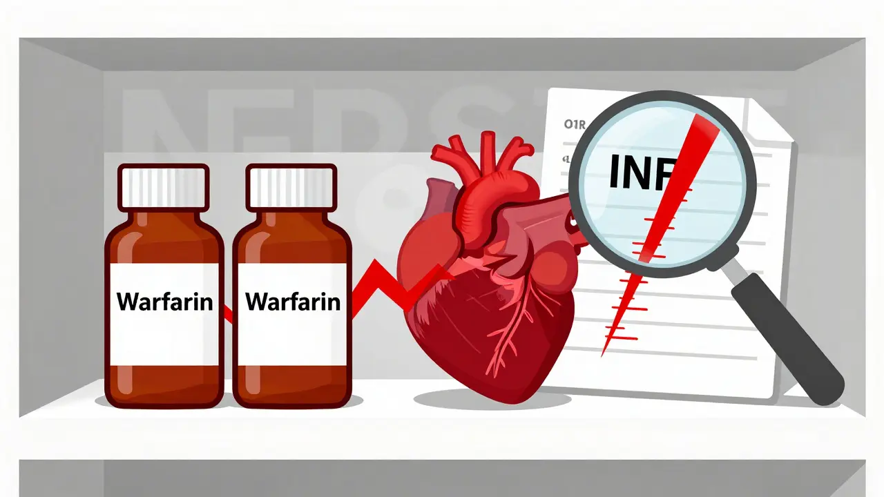 Pharmacy shelf with warfarin and NSAIDs connected by a red lightning bolt piercing a heart, INR chart spiking.