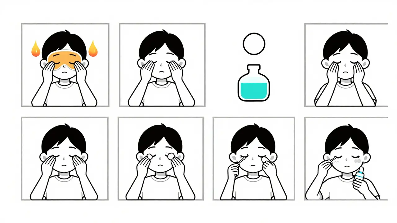 Sequential steps of blepharitis care shown in clean Bauhaus-style panels.