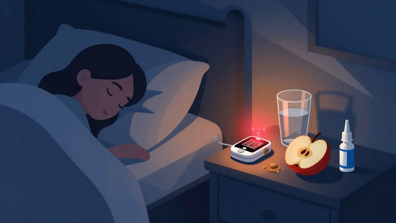Sleeping person with CGM alerting at night, apple and peanut butter on nightstand, glucagon spray nearby.