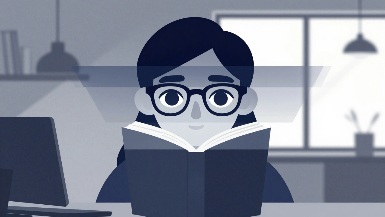 Someone wearing progressive lenses seeing near, intermediate, and far objects through smooth gradient zones in abstract geometric style.