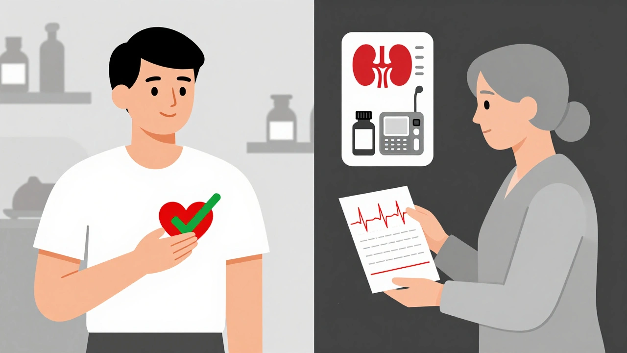 Split clinic scene: healthy patient vs. high-risk patient with ECG in minimalist Bauhaus style.