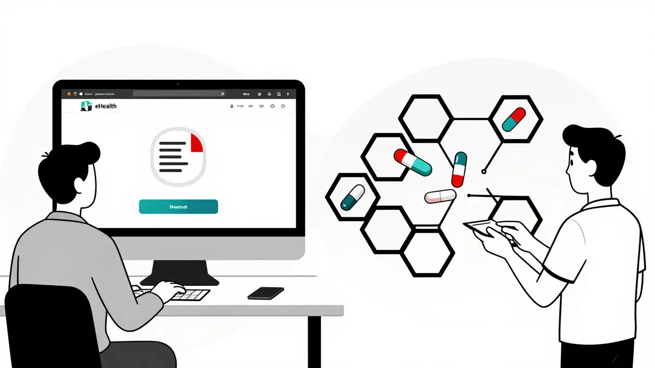 Split scene of digital prescription being sent from a health portal to a cross-border pharmacy via geometric network.