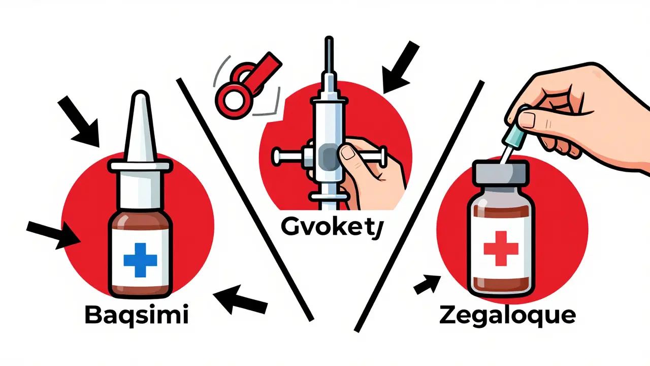 Three emergency glucagon devices—nasal spray, syringe, vial—in geometric arrangement with bold icons.