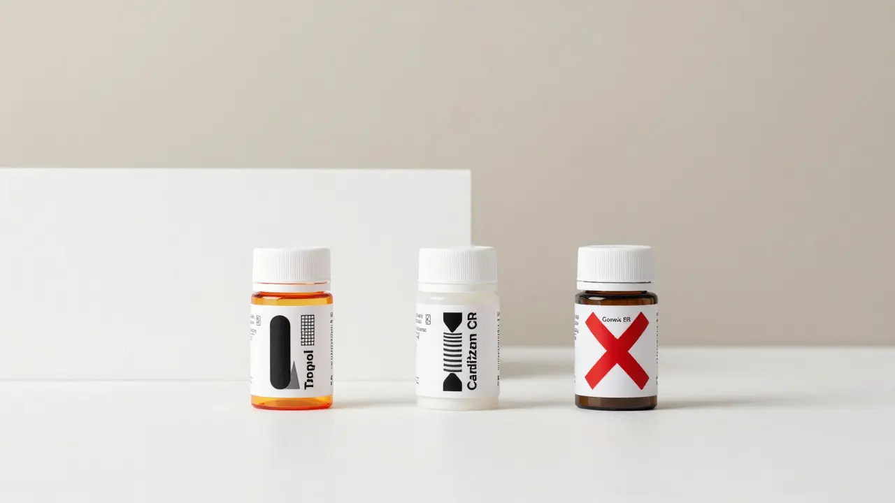 Three pill bottles with different internal mechanisms, one marked with a red X, minimalist Bauhaus design.