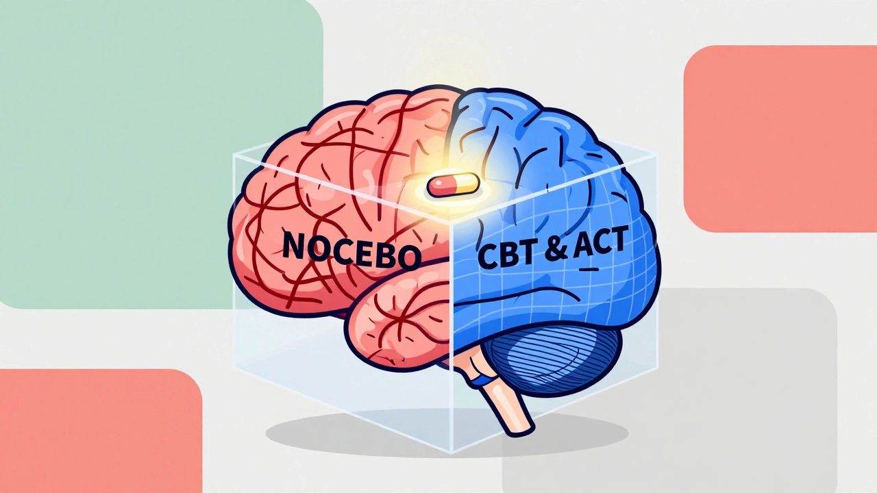 Transparent brain cube showing chaotic fear vs. calm therapy patterns, illuminated by a pill at its center.