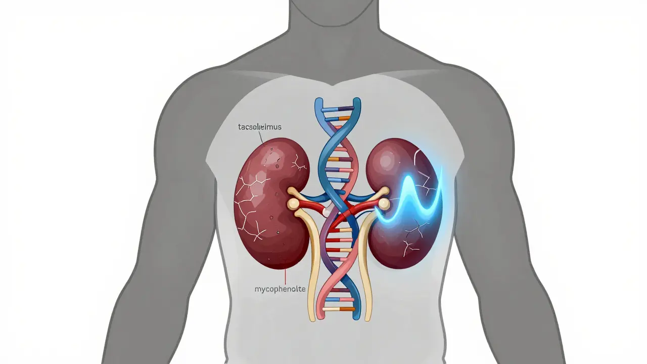 Transparent human torso showing kidney protected by three abstract mechanisms representing immunosuppressants.