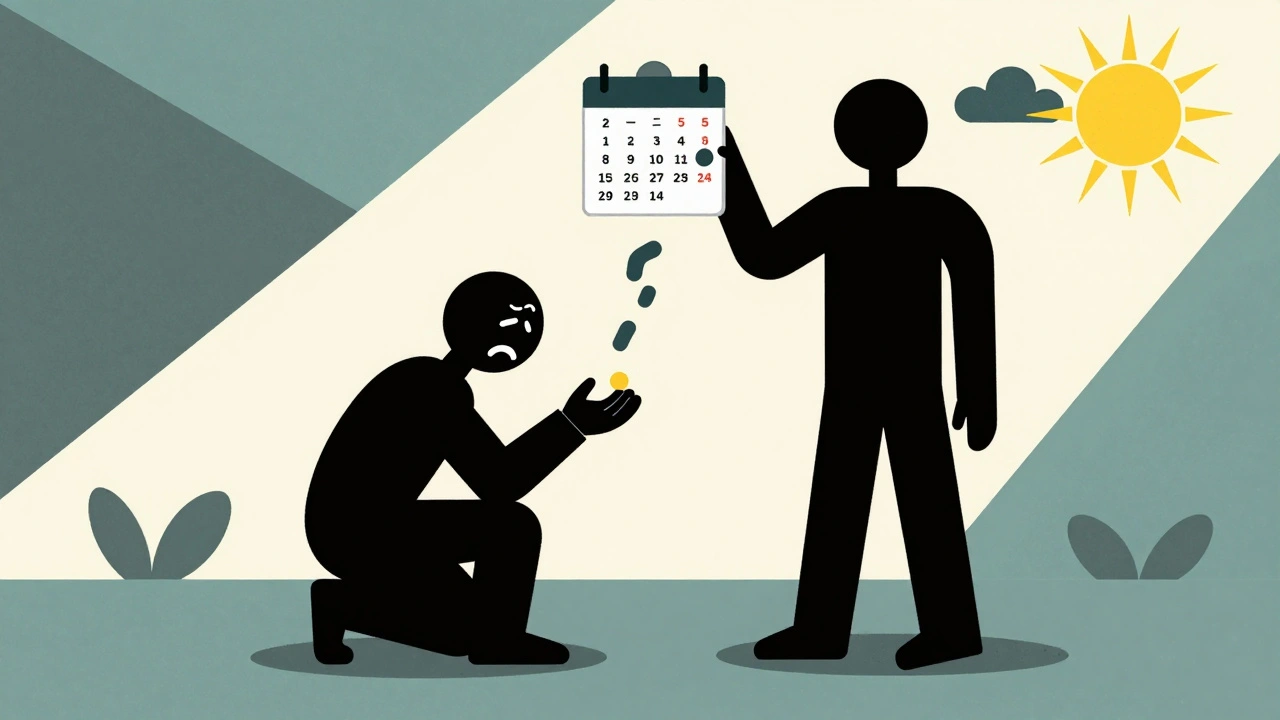 Two figures contrast fear and acceptance beside a 14-day calendar, with dark clouds turning to sunlight.