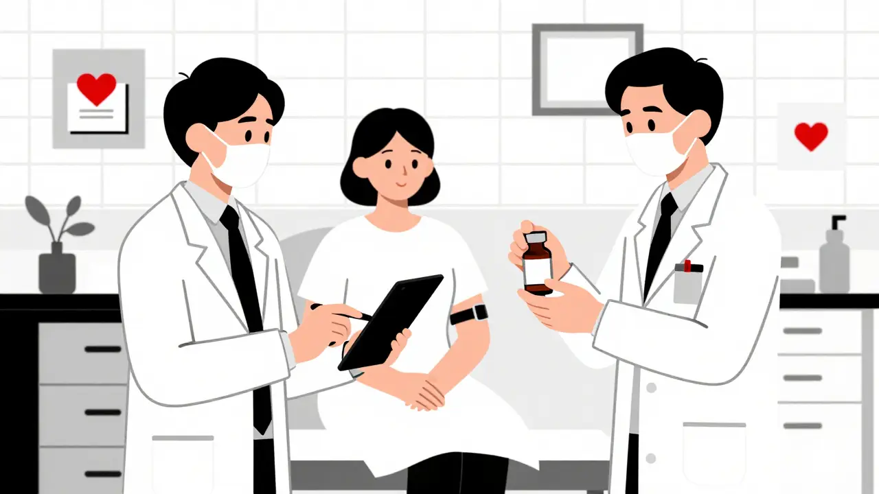 Two healthcare workers verifying patient identity and drug details in front of a patient, using a tablet and vial.