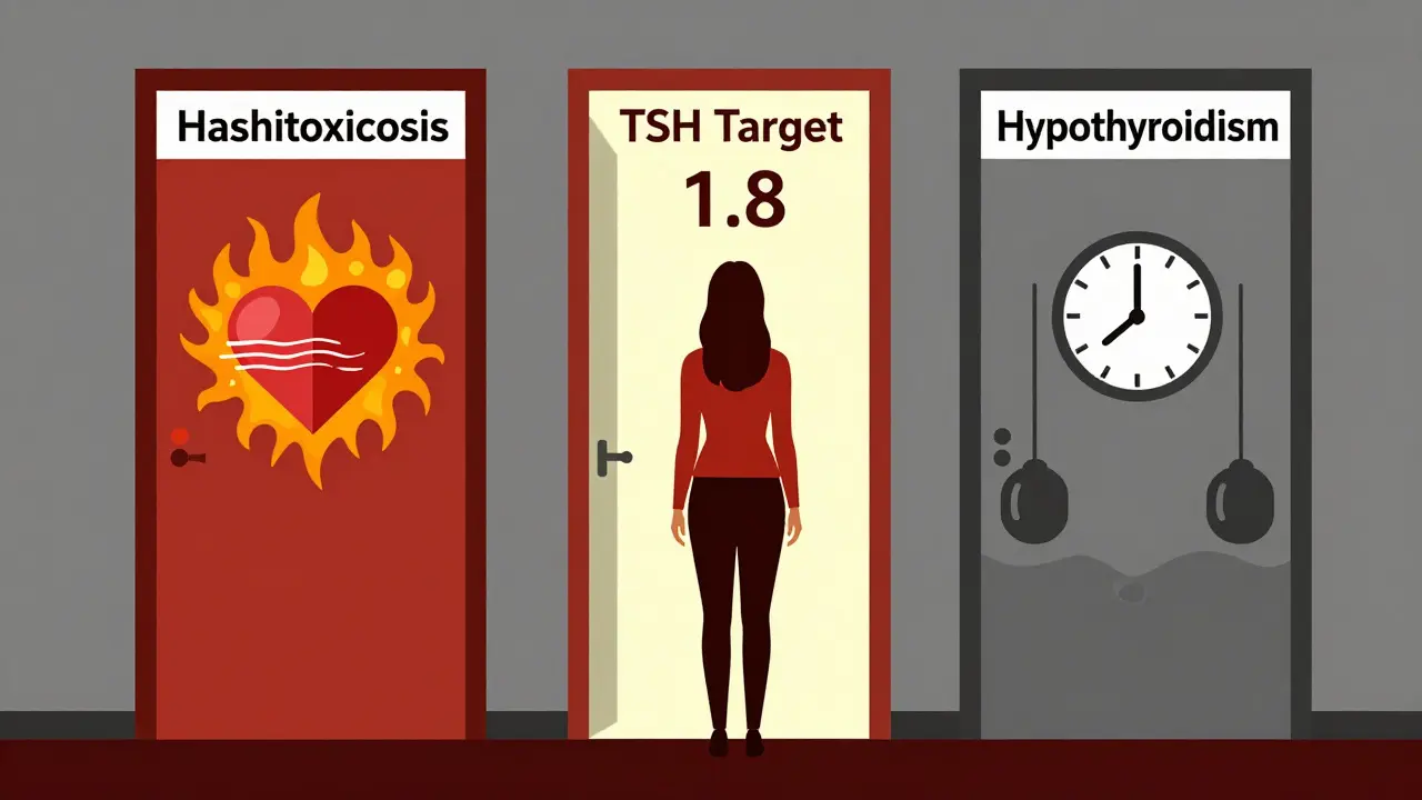 Woman between doors representing hashitoxicosis, hypothyroidism, and ideal TSH level.