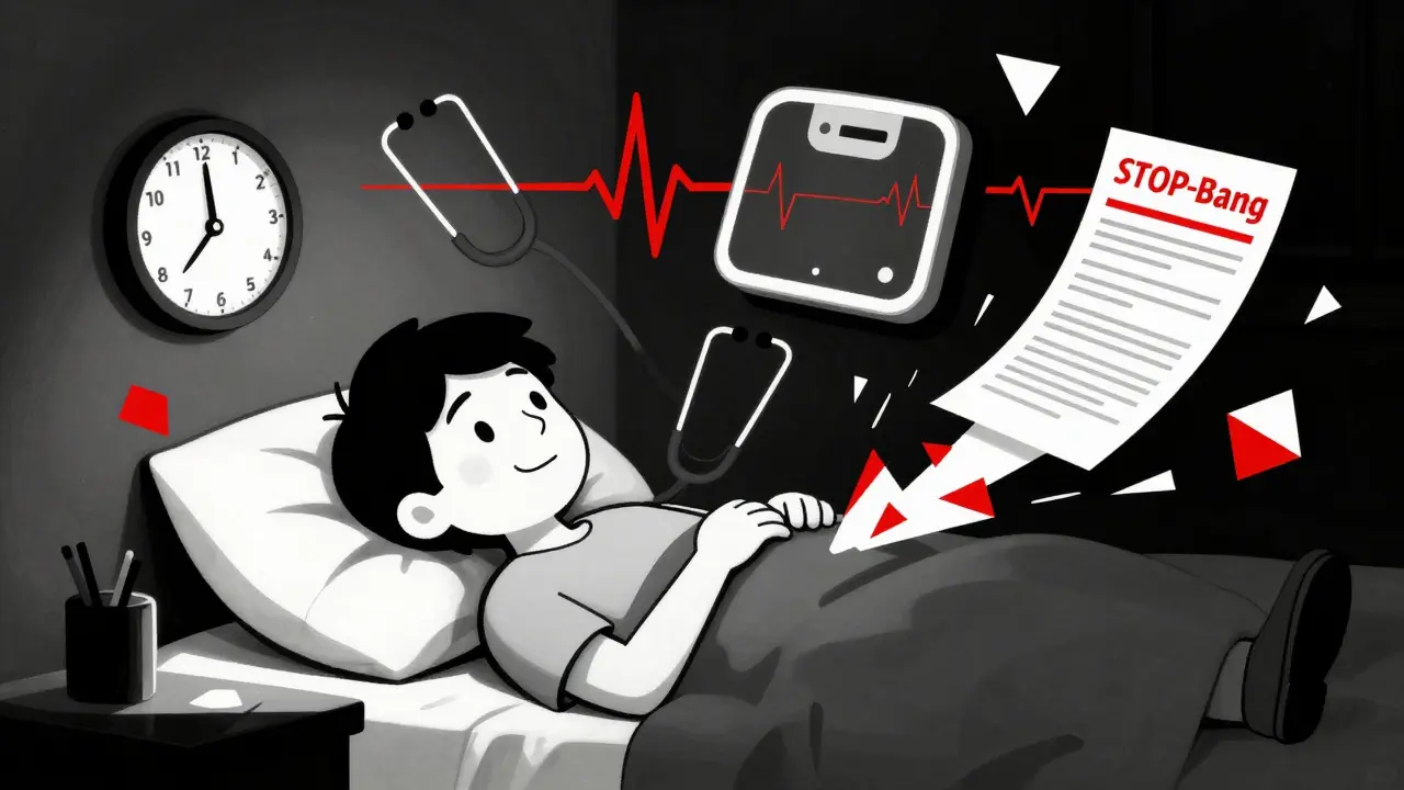 Young adult awake at night surrounded by symbols of sleep apnea: clock, ECG, stethoscope, and questionnaire dissolving into abstract shapes.