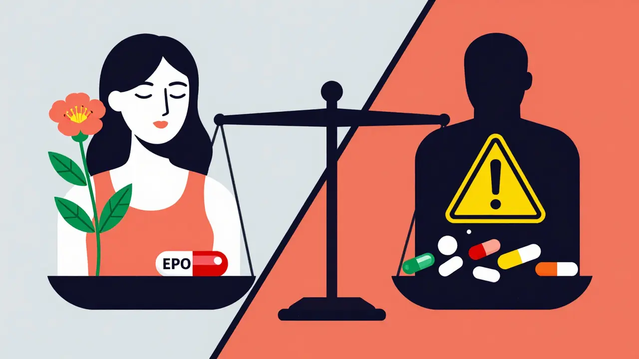 A balanced scale with evening primrose oil on one side and antipsychotic medications on the other in abstract Bauhaus style.