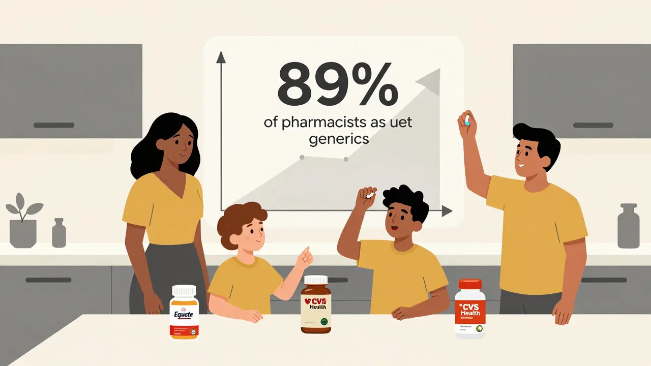 A family taking store-brand pills in a kitchen, with a transparency graph showing pharmacist usage rates.