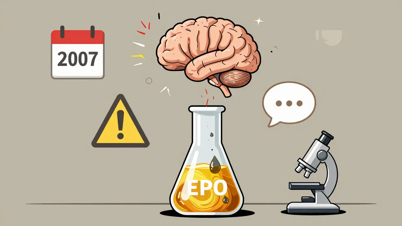 A laboratory beaker with oil and meds affecting a brain, surrounded by research and warning icons in minimalist Bauhaus art.