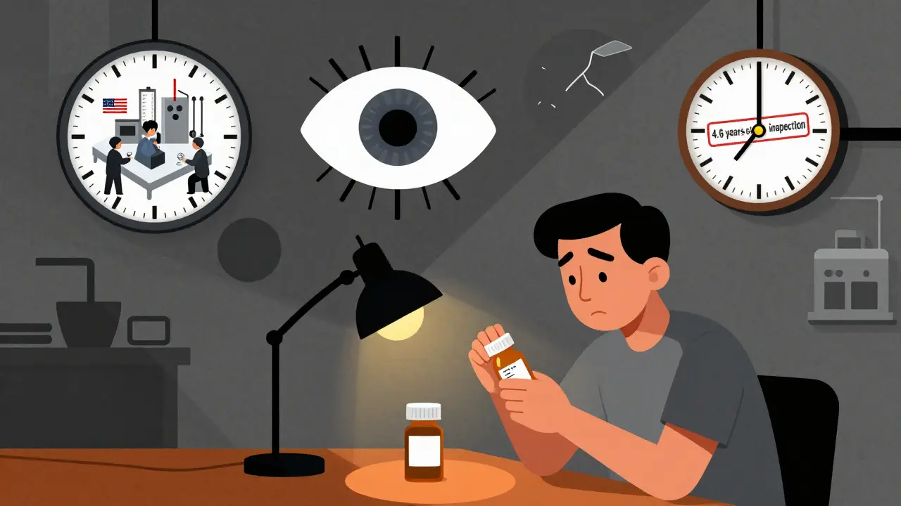 A patient checks a pill lot number as an AI eye and broken clock hover above, symbolizing delayed inspections.