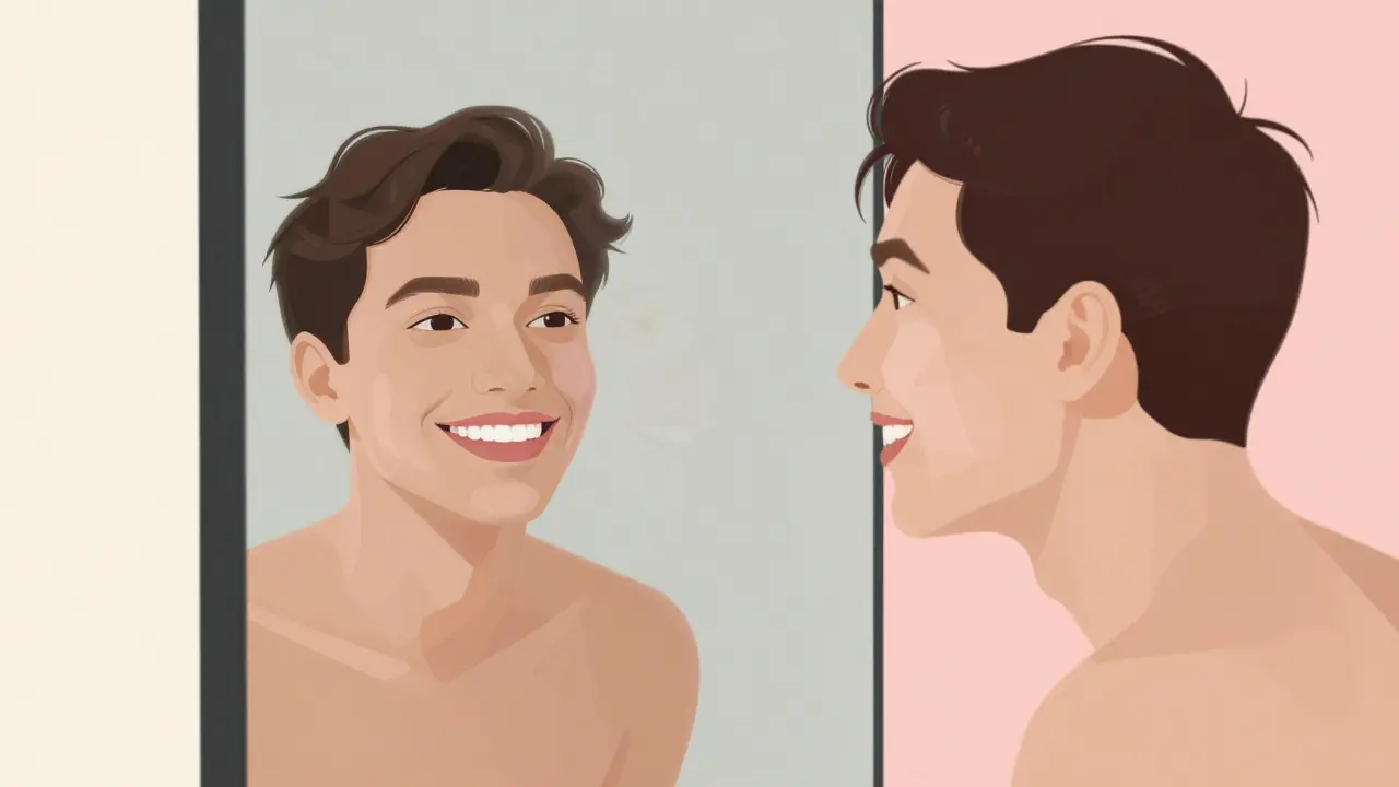 A person smiling at their clear reflection, with abstract representations of side effects gently fading around them.