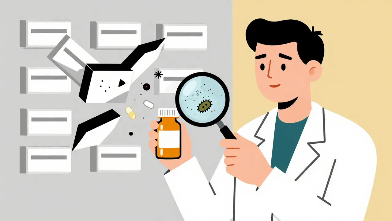 A pharmacist examining a pill under magnifying glass to reveal hidden particles, with drug boxes collapsing in geometric chaos.