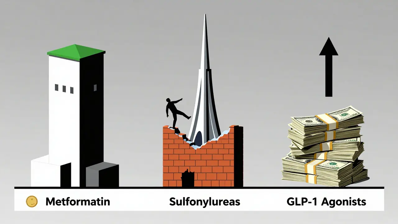 Abstract Bauhaus diagram contrasting three diabetes medications as architectural forms with cost and health impact indicators.