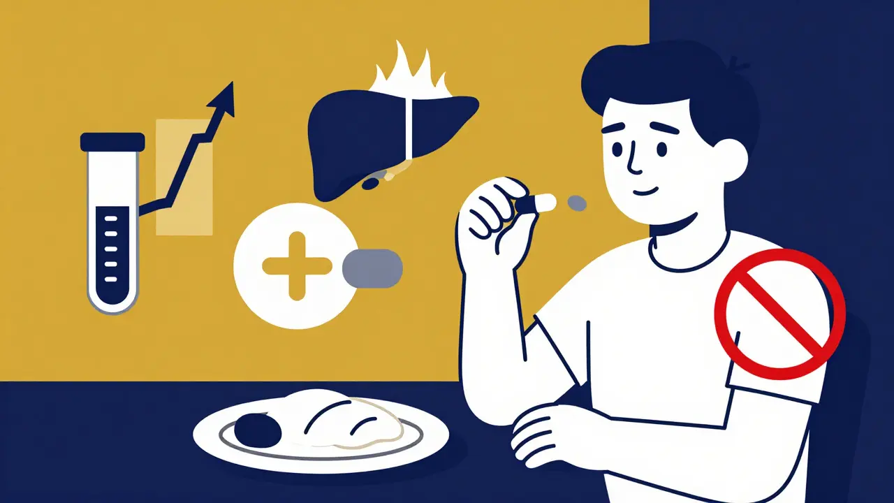 Abstract medical icons floating around a patient taking isotretinoin with a meal, including lab test symbols.