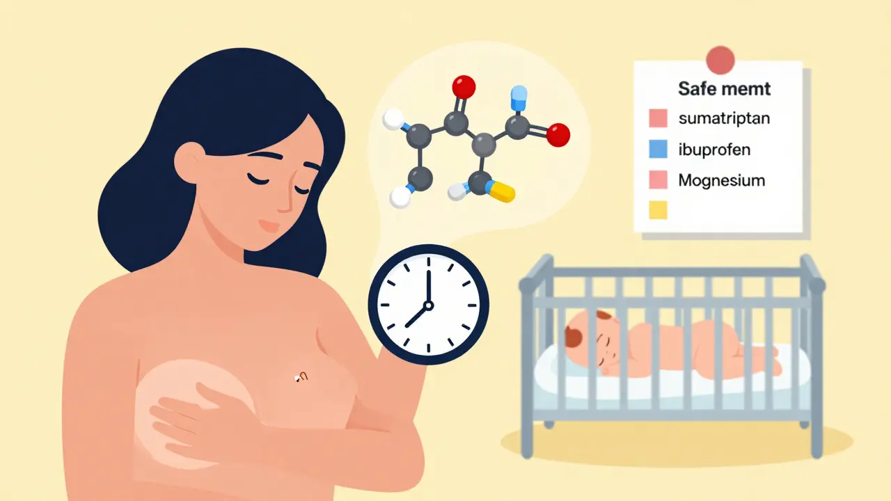 Breastfeeding mother taking acetaminophen with safe medication symbols in abstract shapes.