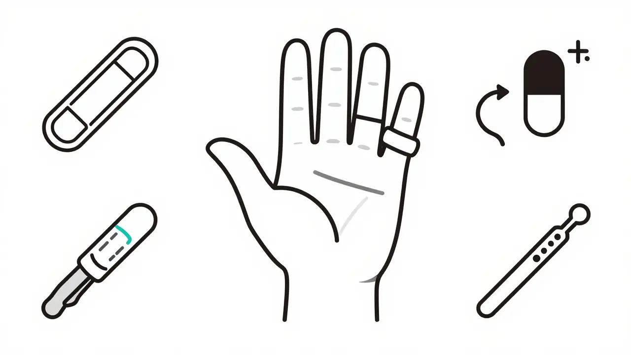 Claw hand with treatment icons in minimalist Bauhaus grid layout, no text.