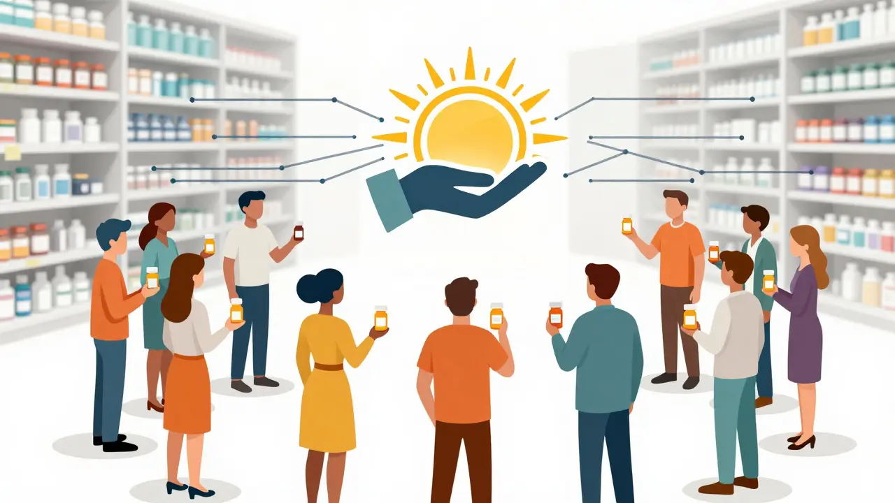 Diverse figures holding pill bottles, connected to a sun symbolizing team-based care and control.