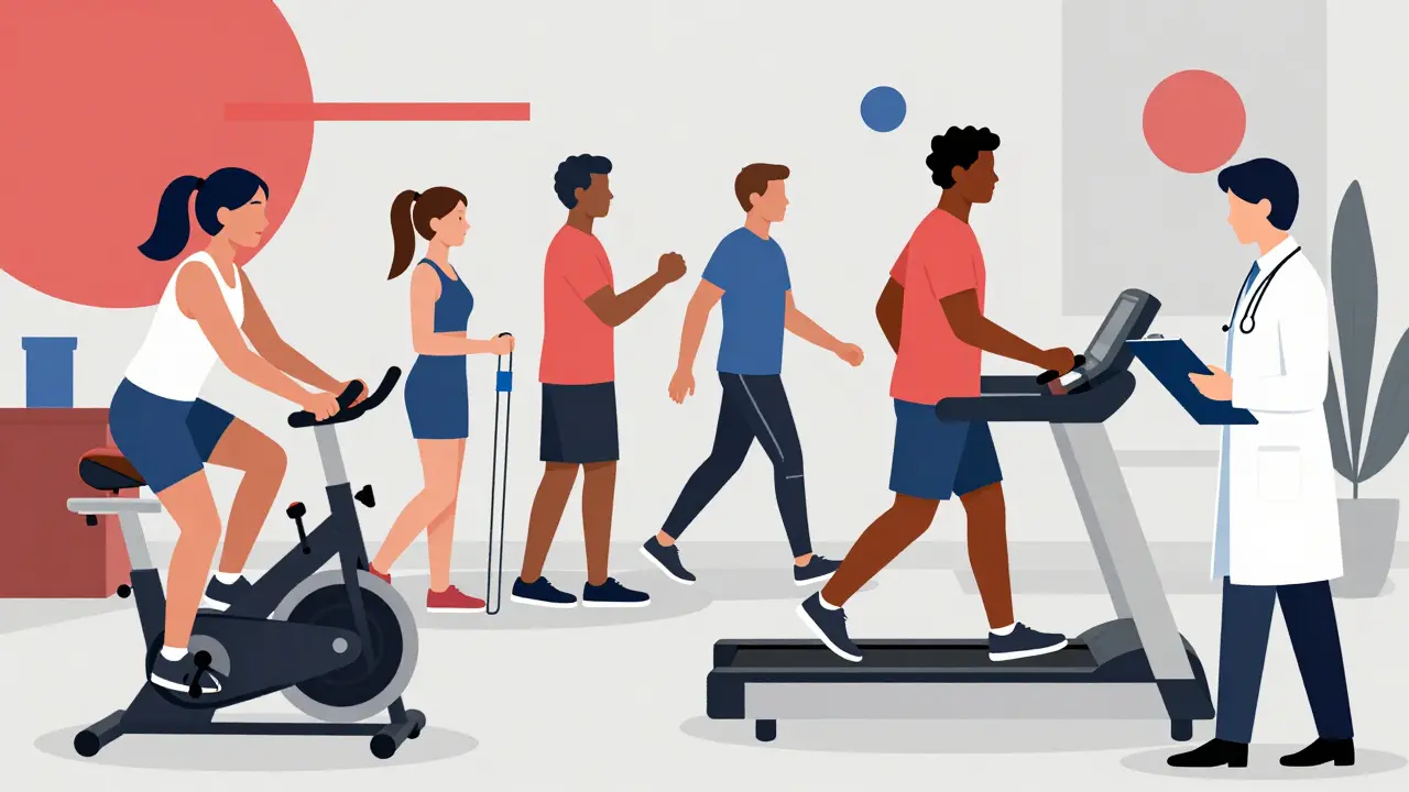 Diverse group exercising in rehab center under clinician supervision, abstract background.