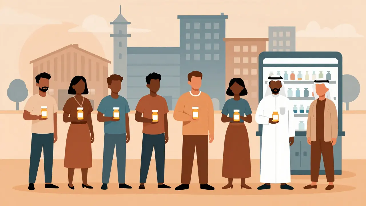 Diverse people holding same pill bottle, abstract backgrounds of global manufacturing hubs