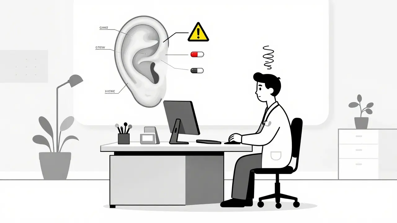 Doctor and patient discussing hearing risks with medical diagram in background
