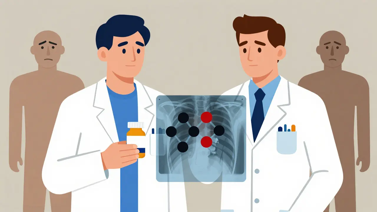 Doctor and pharmacist holding brand and generic pills with X-ray showing identical molecules, patients in background looking skeptical.