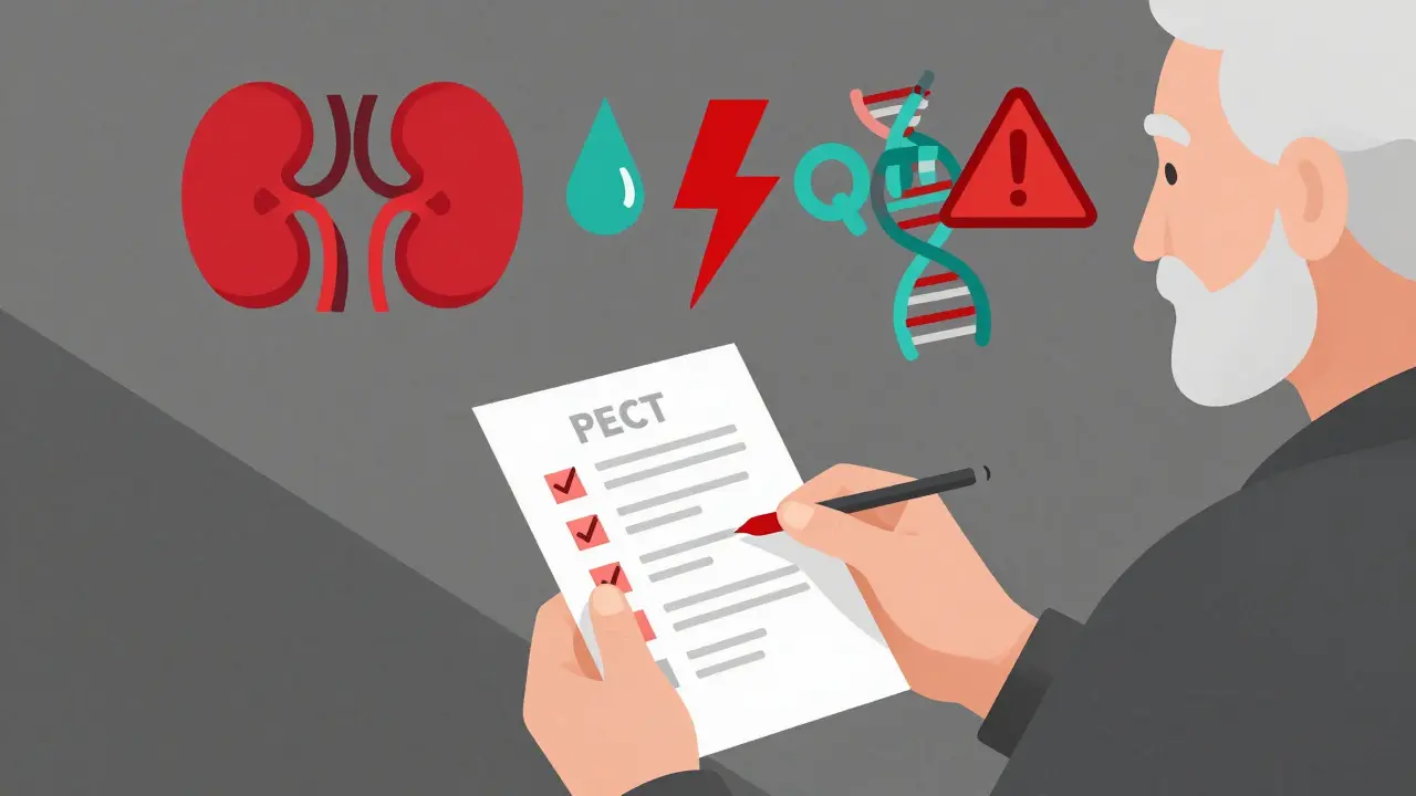 Elderly patient with abstract medical symbols floating above, representing drug risks and electrolyte imbalance.