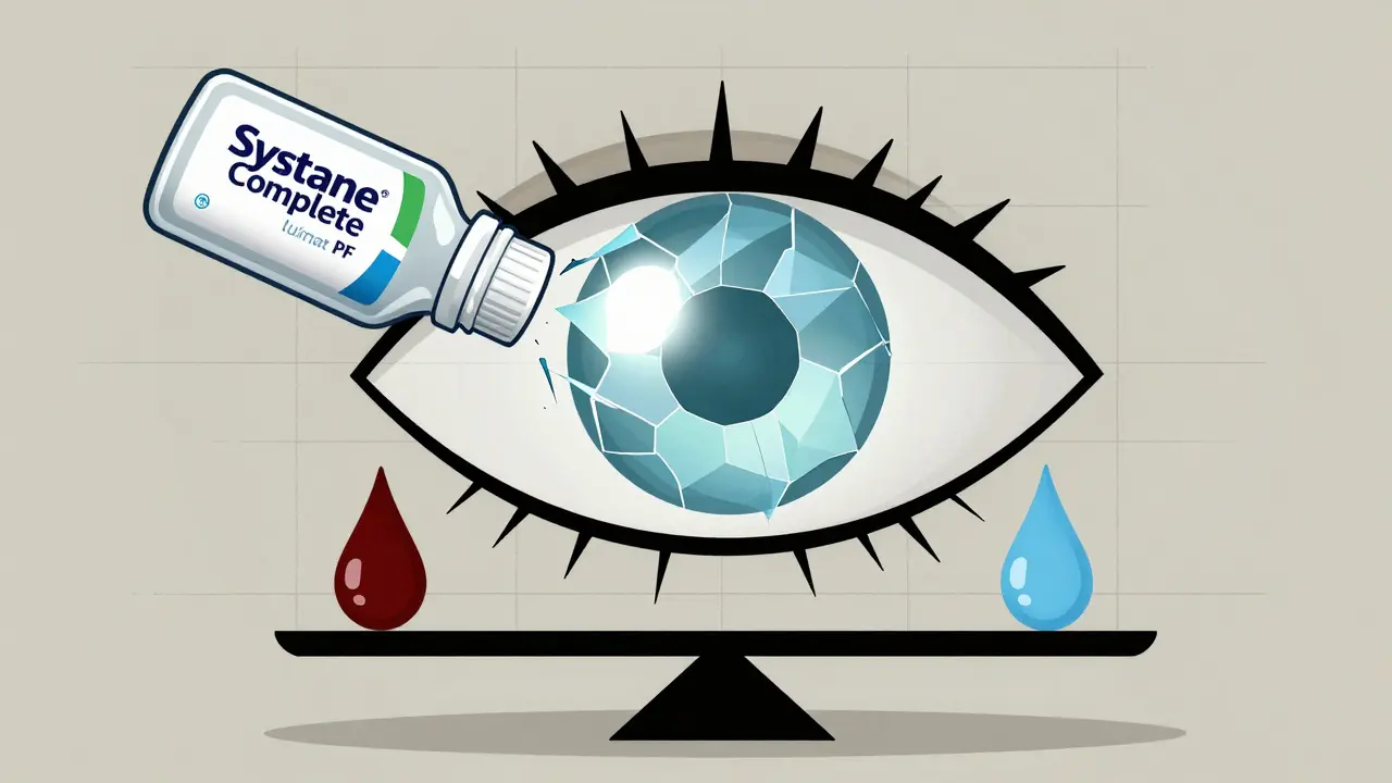 Eye protected by a lipid-layer shield replacing a broken redness-relief bottle, with symbolic scale balance.