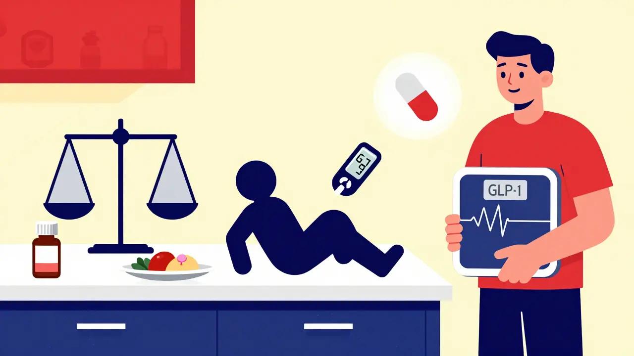 Geometric cartoon scene comparing metformin, sulfonylureas, and GLP-1 agonists through patient outcomes at a kitchen counter.