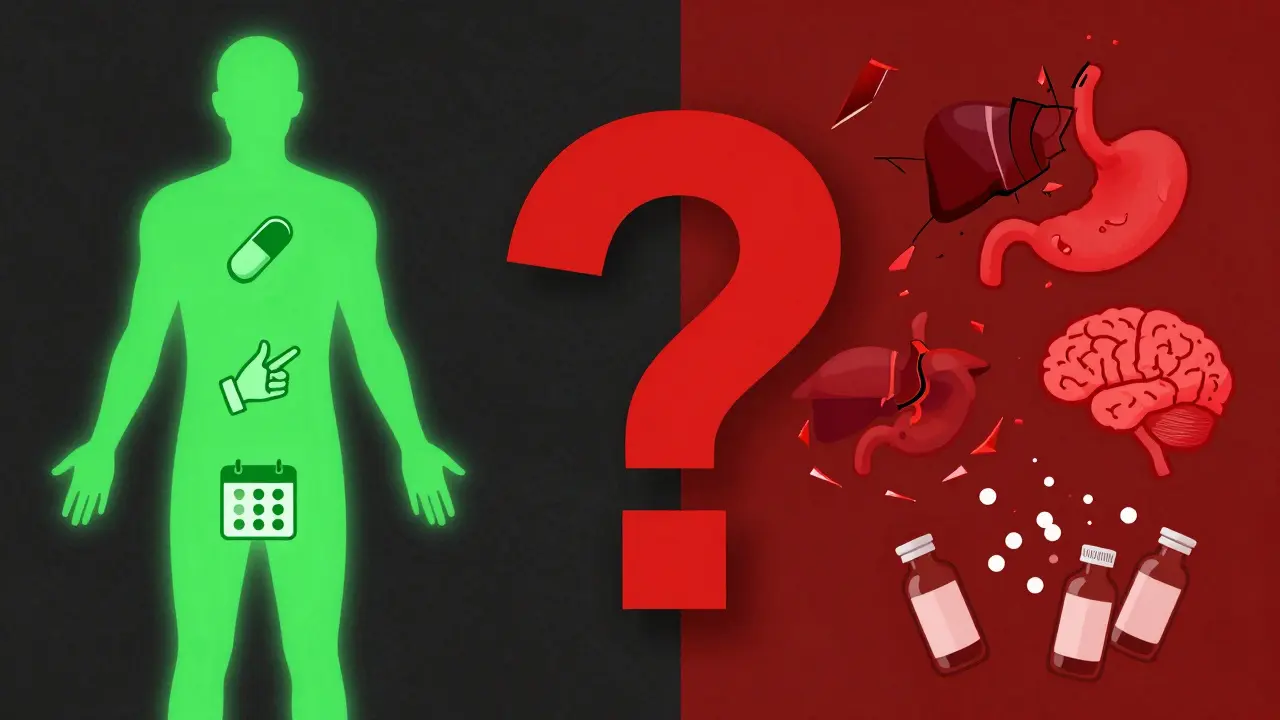 Human body split between safe and dangerous OTC use with geometric warning shapes.