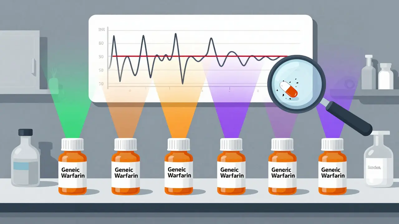 Identical generic pill bottles emitting different colored light beams, with a fluctuating INR chart above in a minimalist lab setting.
