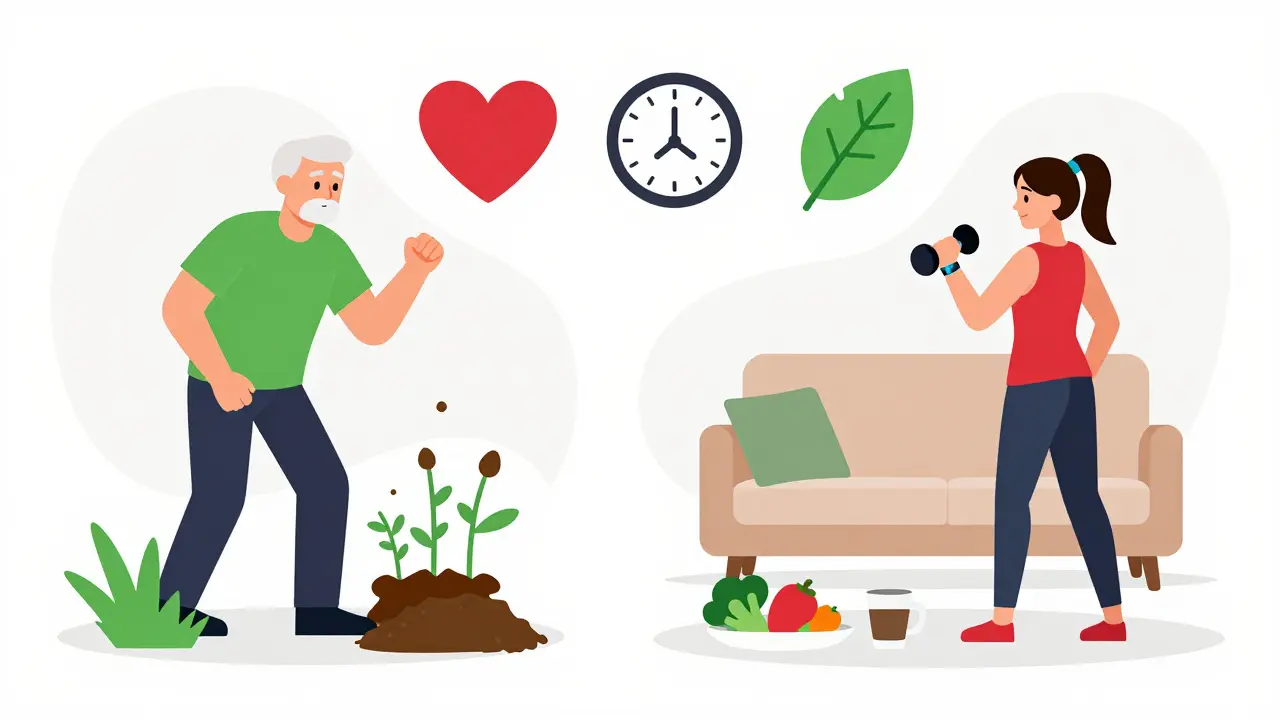 Lifelong cardiac wellness: gardening, weightlifting, healthy food in geometric composition.