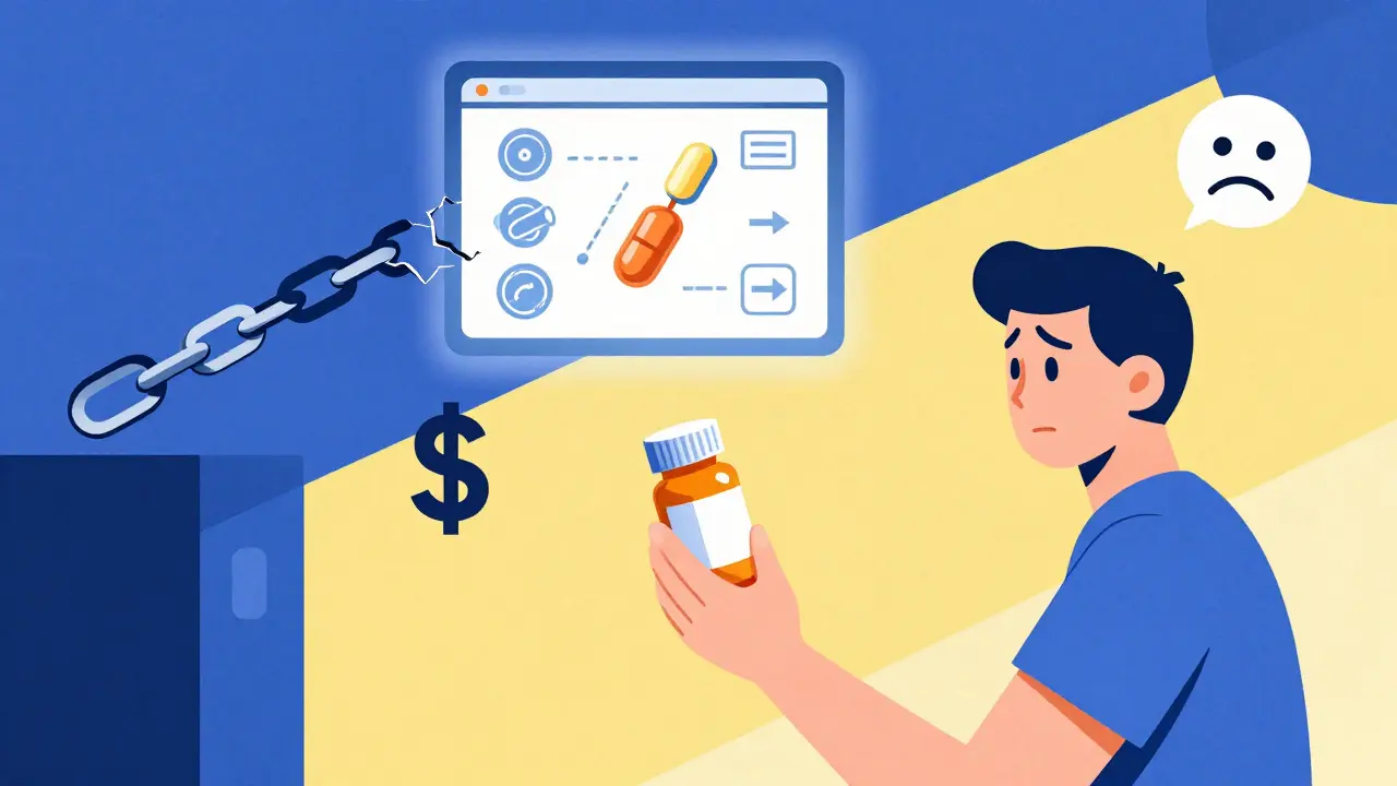 Patient holds generic pill bottle surrounded by symbols of doubt and price, with a video screen showing healing science.